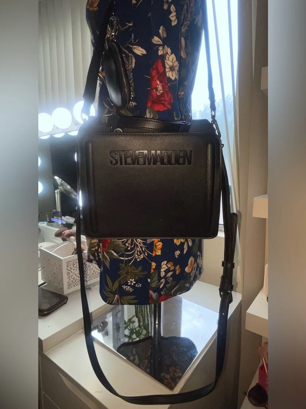 Steve Madden Black Boxy Leather Crossbody Bag